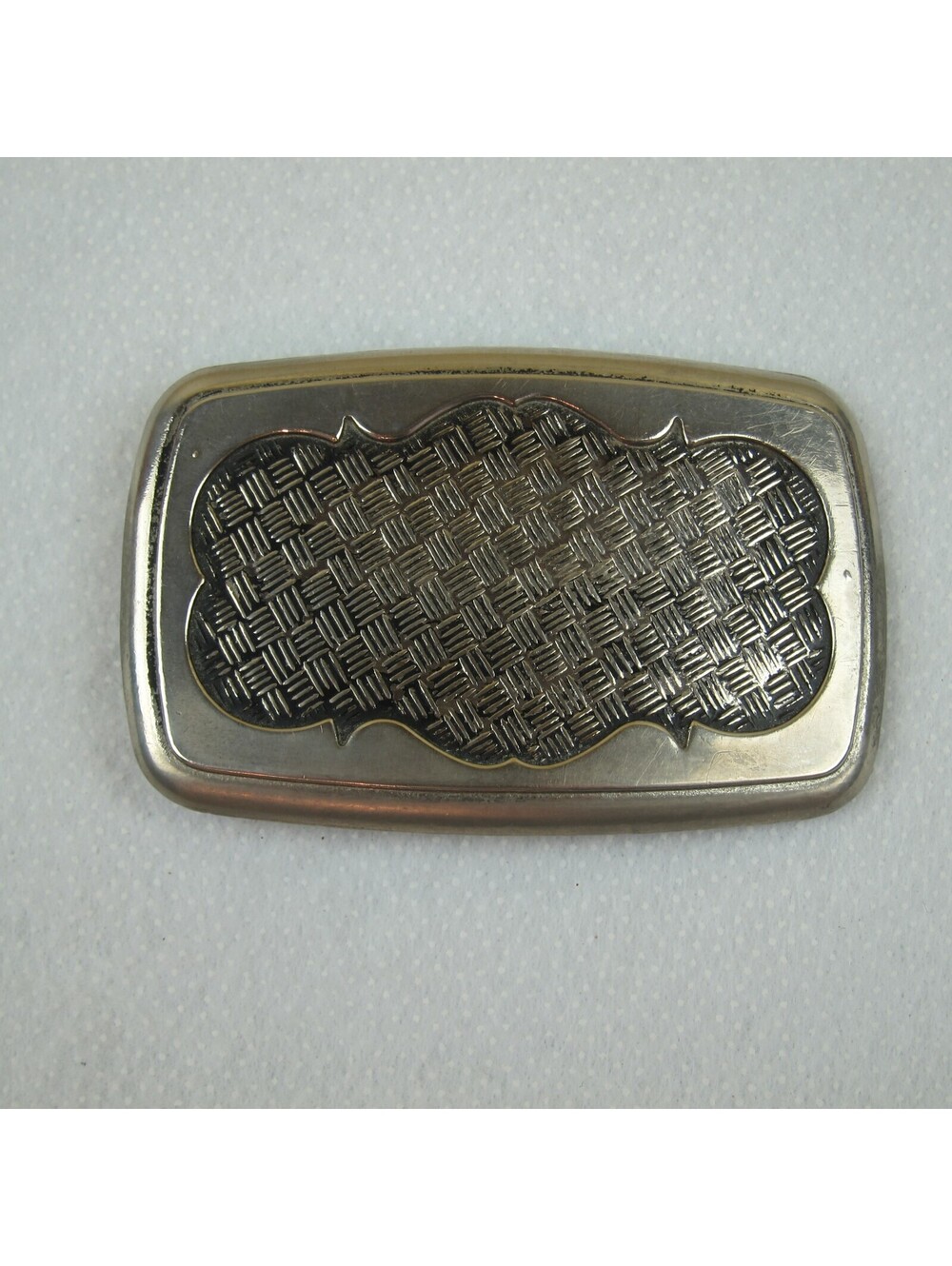 Vintage Western Style Belt Buckle Basket Weave Pattern Center Silver tone Metal
